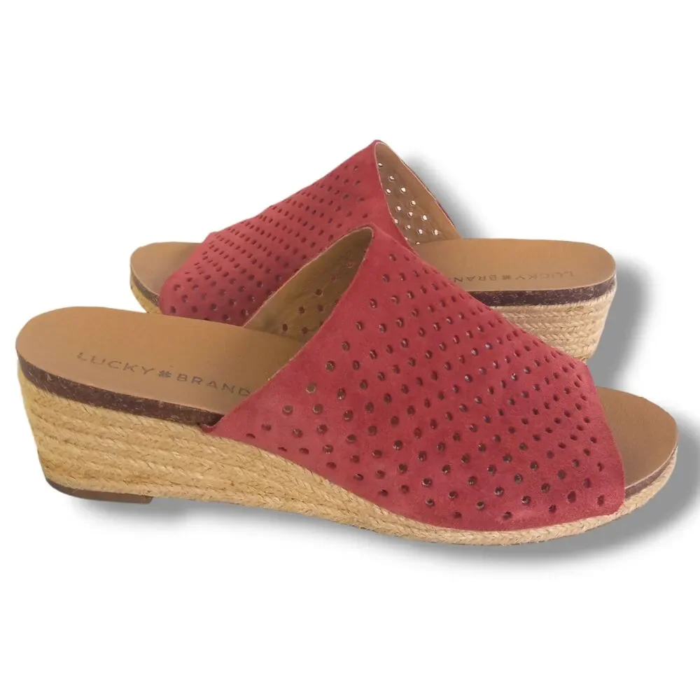 Lucky Brand Jemya Perforated Leather Wedges-Size 9.5M-Dusty Pink-Braided Jute